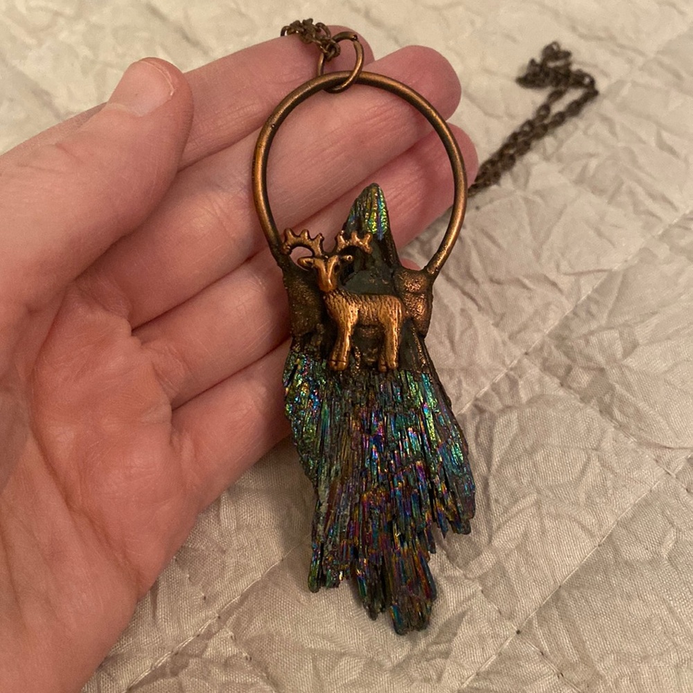 Handmade Electroformed 🌈 Rainbow Kyanite Deer Necklace - Picture 4 of 5